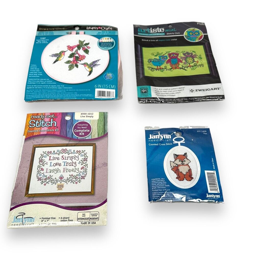 Cross Stitch Kit Hummingbird Live Simply Sketchy Owls Fox Lot of 4 Miniature New